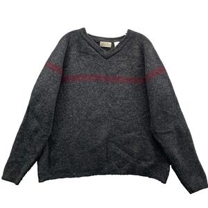 St Johns Bay Sweater Mens Large Gray 100% Wool V-Neck Knit Striped 90s Academia